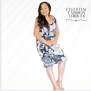 GEORGE WOMENS MEDIUM MIDI DRESS BLACK. & WHITE FLORAL WIITH BUCKLE